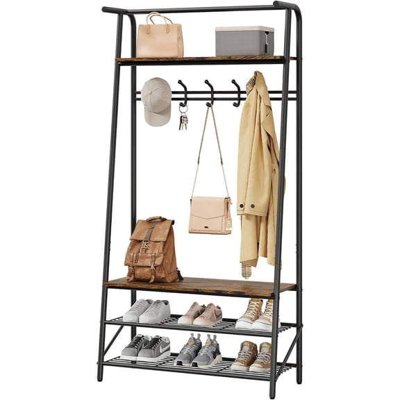 Coat Rack, Hall Tree with Bench and Shoe Storage, Entryway Bench with Coat Rack, 5 Hooks and 3 Tier Shoe Storage, Metal Frame for Entryway, Hallway, Front Door, Rustic Brown
