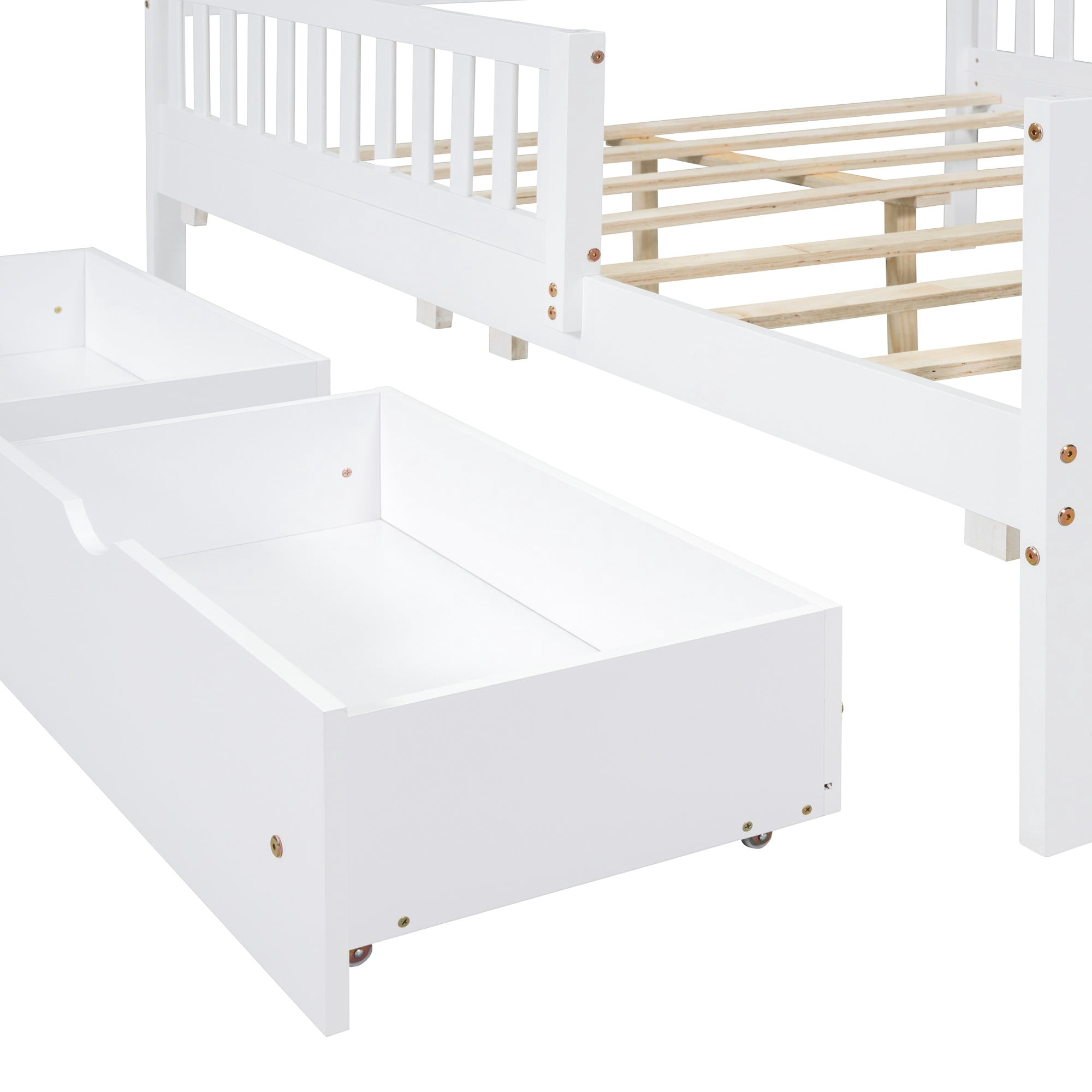 Aukfa Full Size Platform Bed with Storage Drawers and Safe Rails, Wood Bed Frame, White