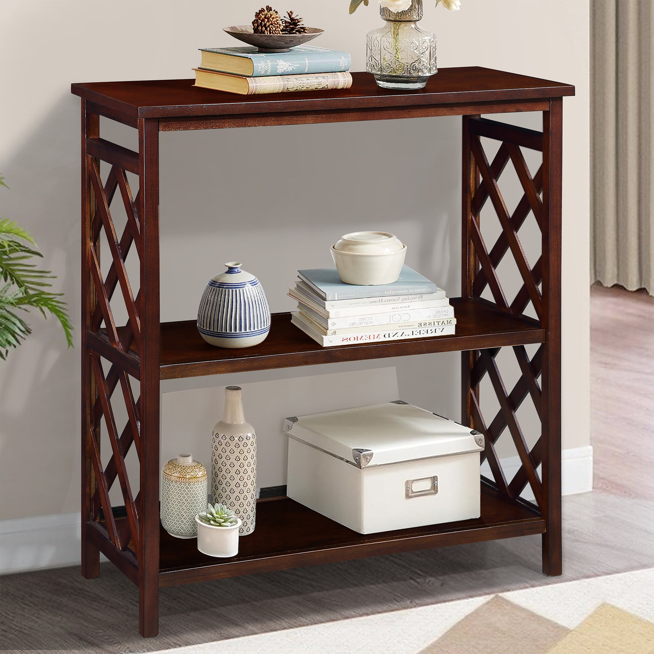 PORKISS 3-Tier Solid Wood Console Table, Entryway Table Hallway Table with Storage Shelves, Open Bookshelf Bookcase for Living Room, Foyer, Cherry
