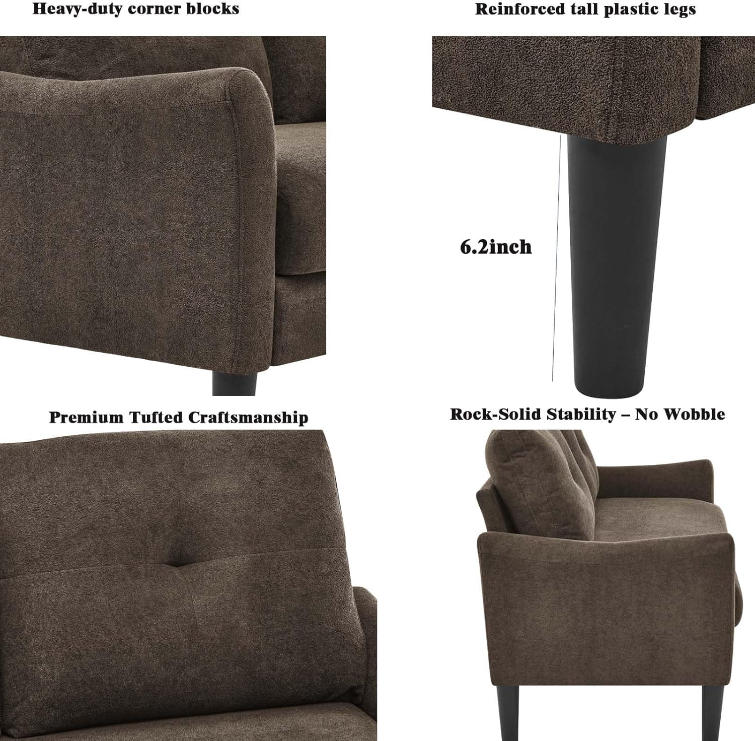 MOONMISS 56.3" Modern Loveseat Sofa, Upholstered 2-Seater Couch with Tufted Back, Sofa Chair with Plastic Legs,Mid-Century Small Space Sofa for Living Room,Bedroom,Apartment,Dark Brown