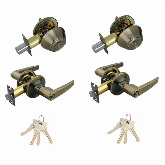 Antique Brass Entry Door Handle Combo Lock Set with Deadbolt and 8 SC1 Keys Total (2-Pack, Keyed Alike)
