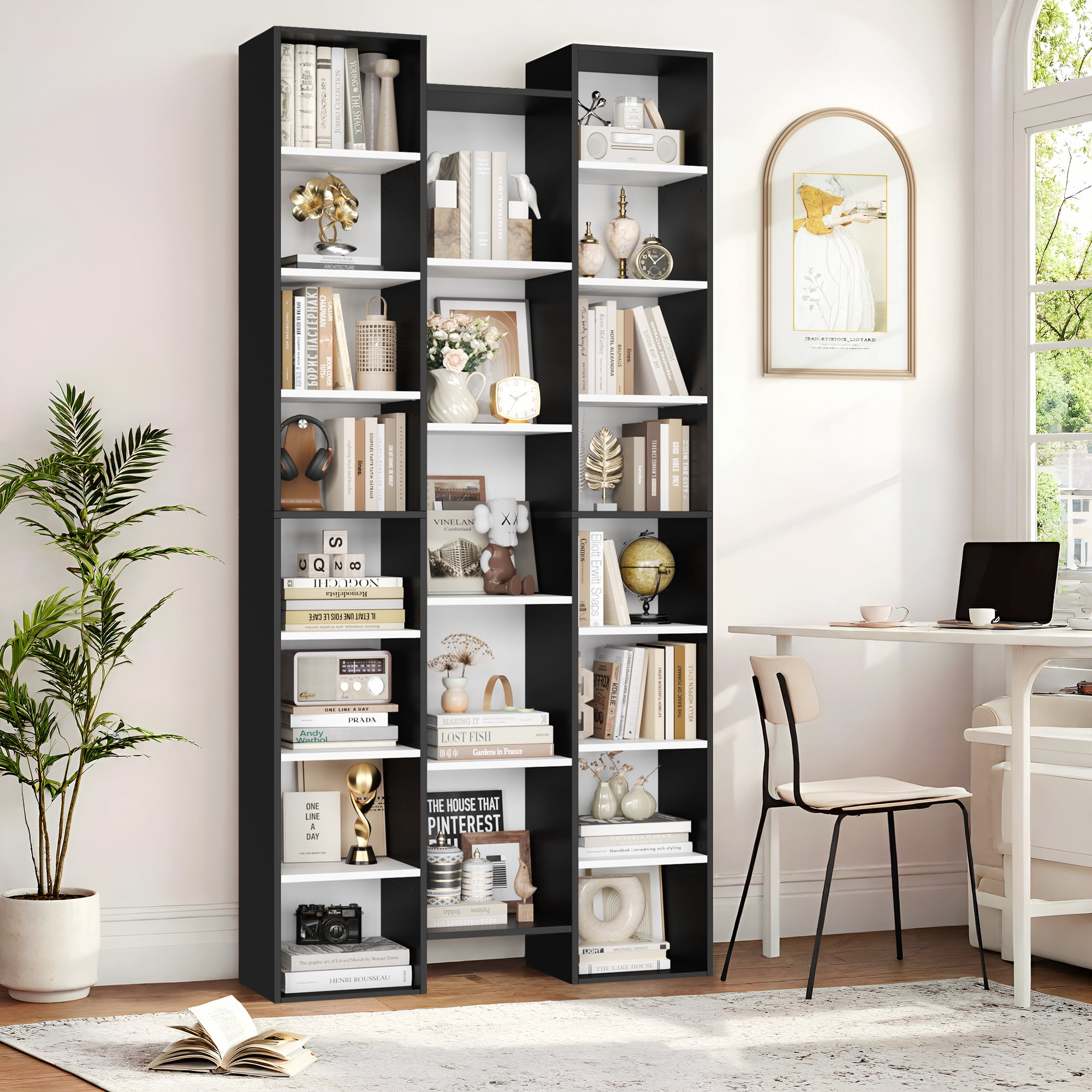 Homfa 21-Cube Bookcase, 71’’ Tall Wooden Bookshelves with Adjustable Shelves, Triple Wide CD Display Storage Organizer Shelf for Home Office, Black+White