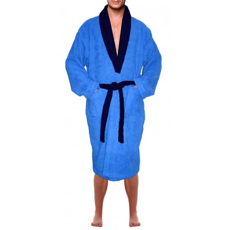 Men’s 100% Terry Cotton Bathrobe Toweling Gown Robe Two tone Blue (Best Cotton Terry Bathrobe)