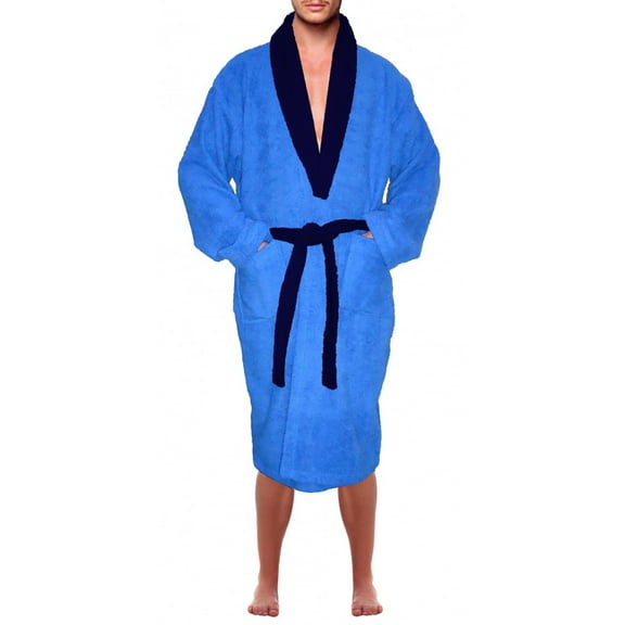 Men’s 100% Terry Cotton Bathrobe Toweling Gown Robe Two tone Blue Small