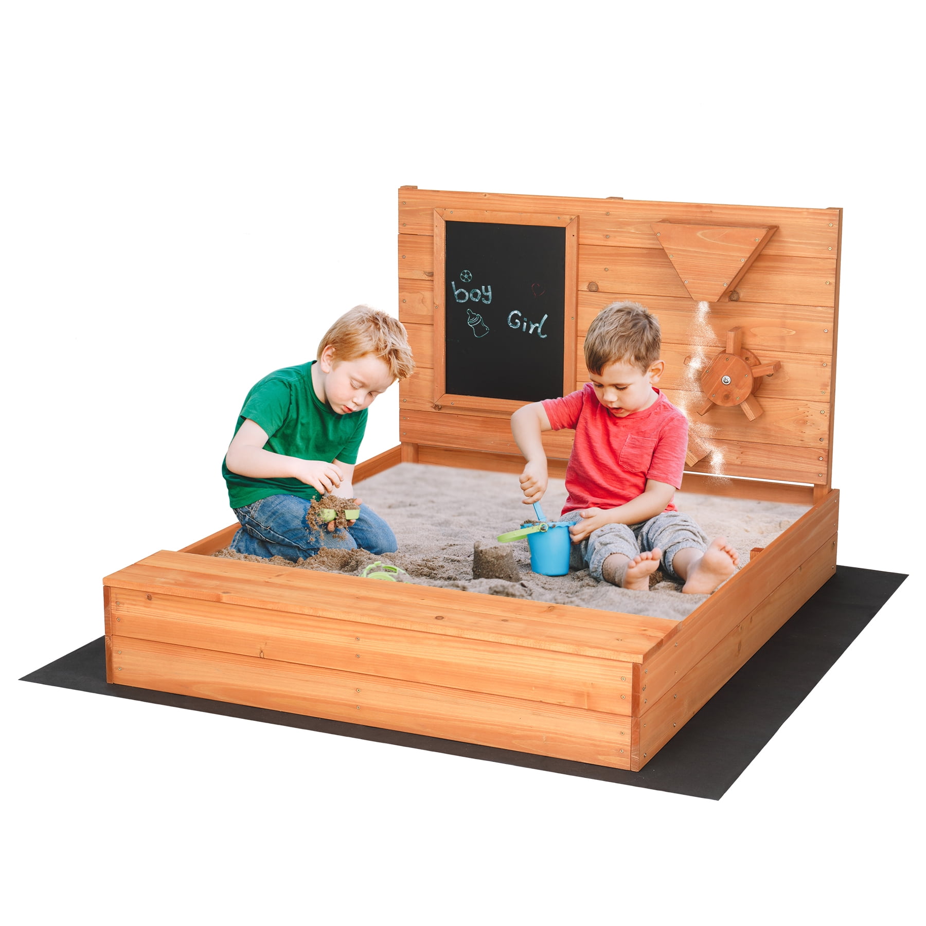 LALAHO 47x39in Kids Large Wooden Sandbox with Sand Funnel and Wheel for Backyard, Outdoor Play