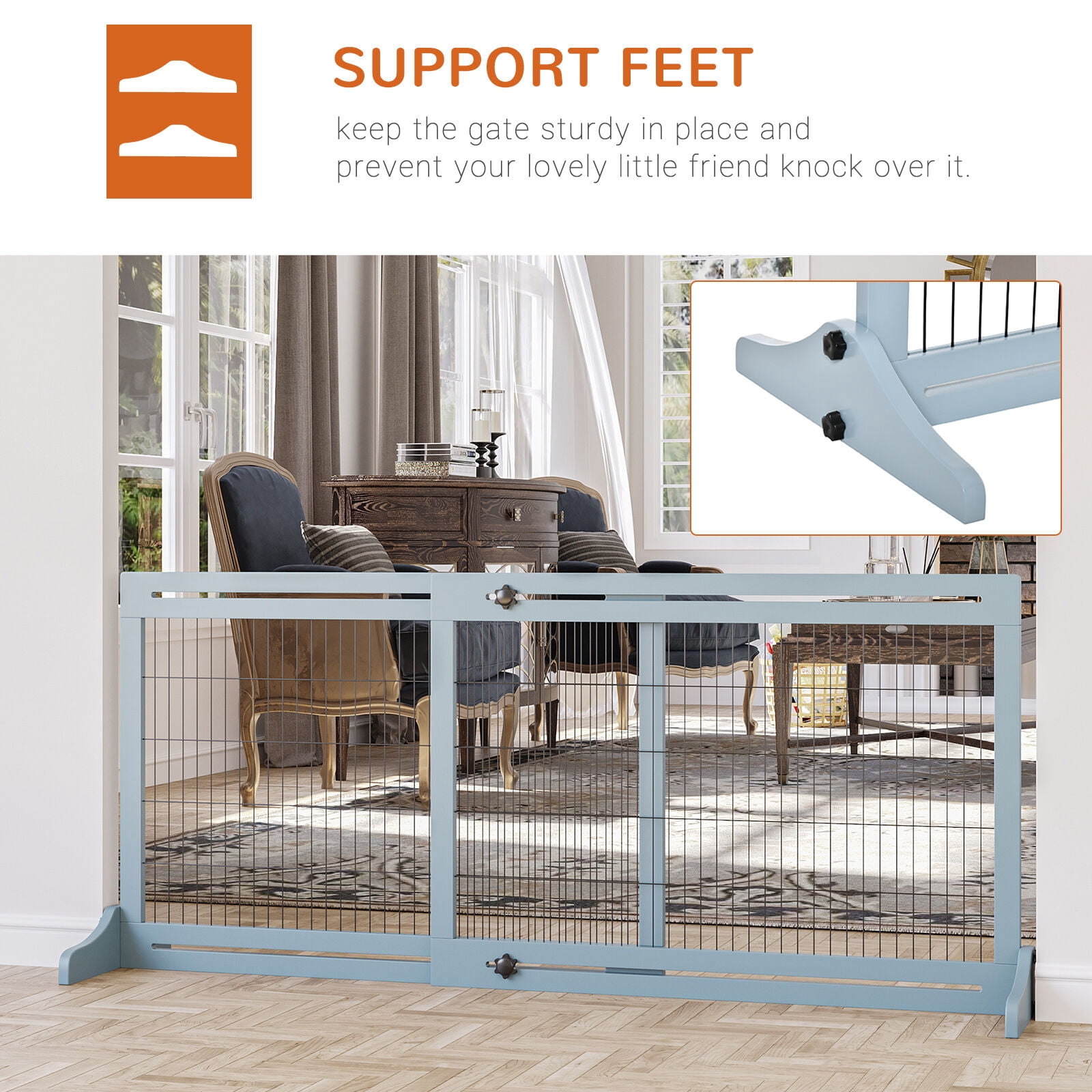 Orthopedic Dog Bed, PawHut 72" W x 27.25" H Extra Wide Freestanding Pet Gate with Adjustable Length Dog, Cat, Barrier for House, Doorway, Hallway, Blue-grey, Gray Dog Bed,Wood Cat Bed