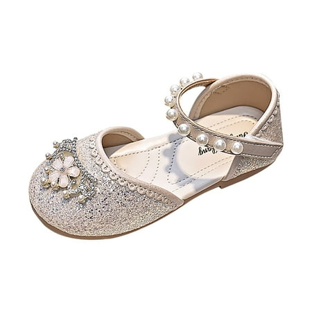 BYHONG Girls  Formal Sandals - Leather with Hand-Sewn Pearls | Non- Sole Flower Girl Shoes Beige 12 (US Size)