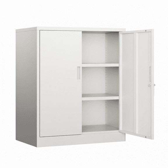 Metal Garage Storage Cabinet with 2 Locking Doors and 2 Adjustable Shelves, 36" White Metal Short Storage Cabinet for Home Office, Garage, School, Utility Room