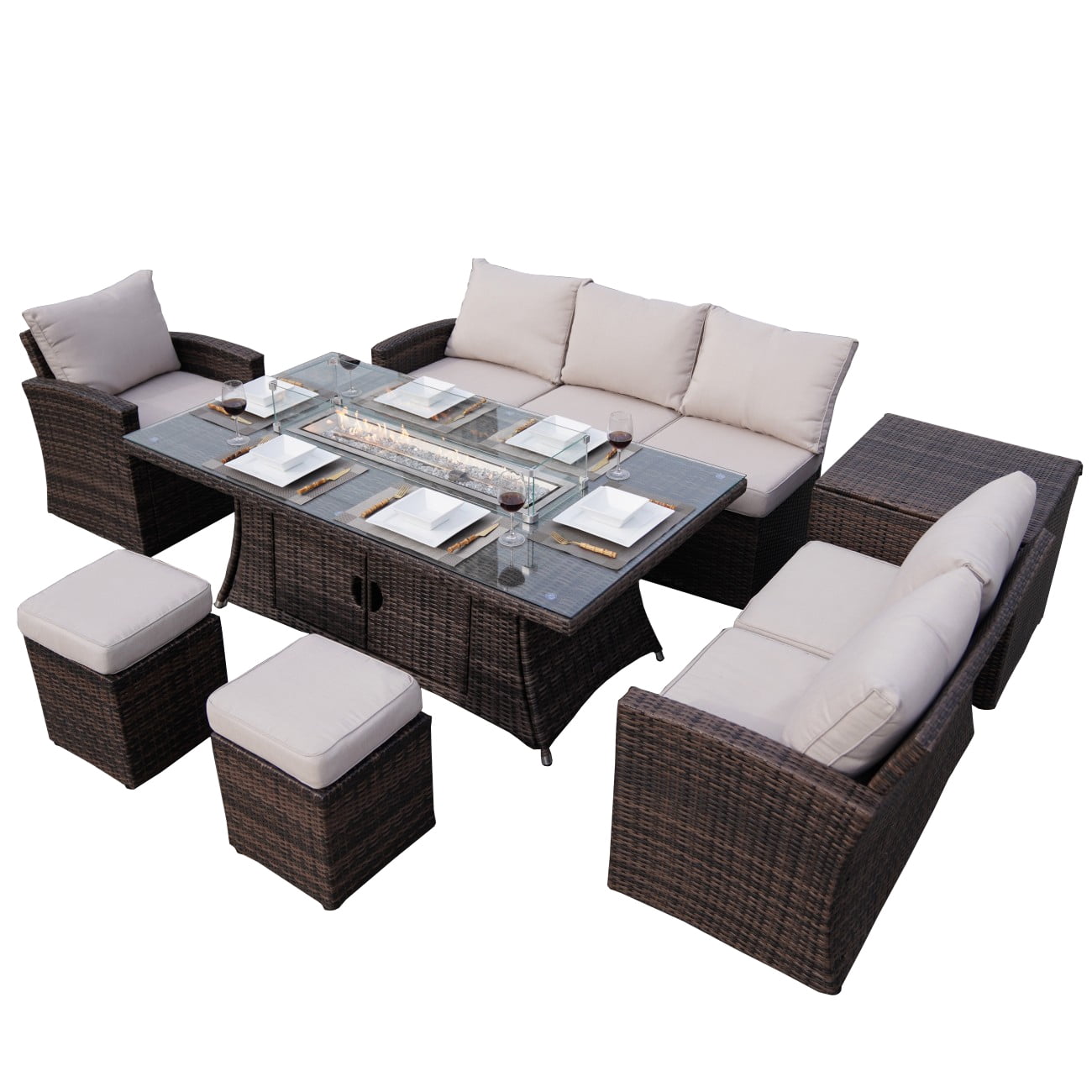 Direct Wicker 7 Pcs Outdoor Patio Furniture Set with Fire Pit Table Patio Conversation Set with