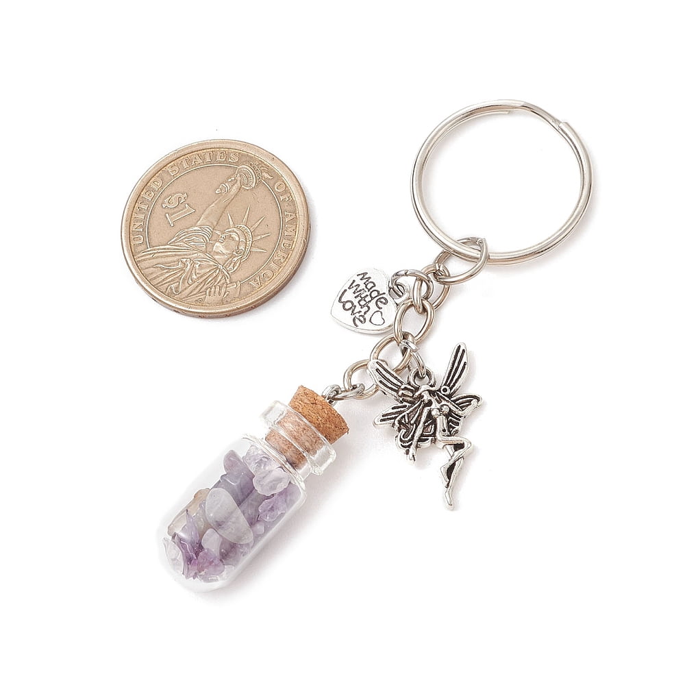 7pcs Glass Wish Bottle Keychains with Iron Split Key Rings and Gemstone Chip Beads 89mm