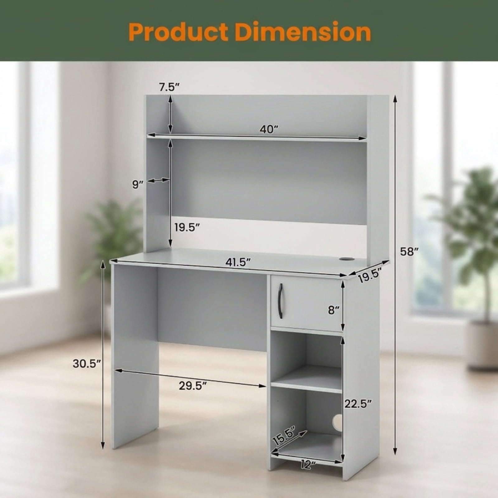 Furnibear Home Office Desk with Raised Display Shelf, Computer Desk with 2 Open Shelves and Cable Holes for Study and Bedroom, Gray