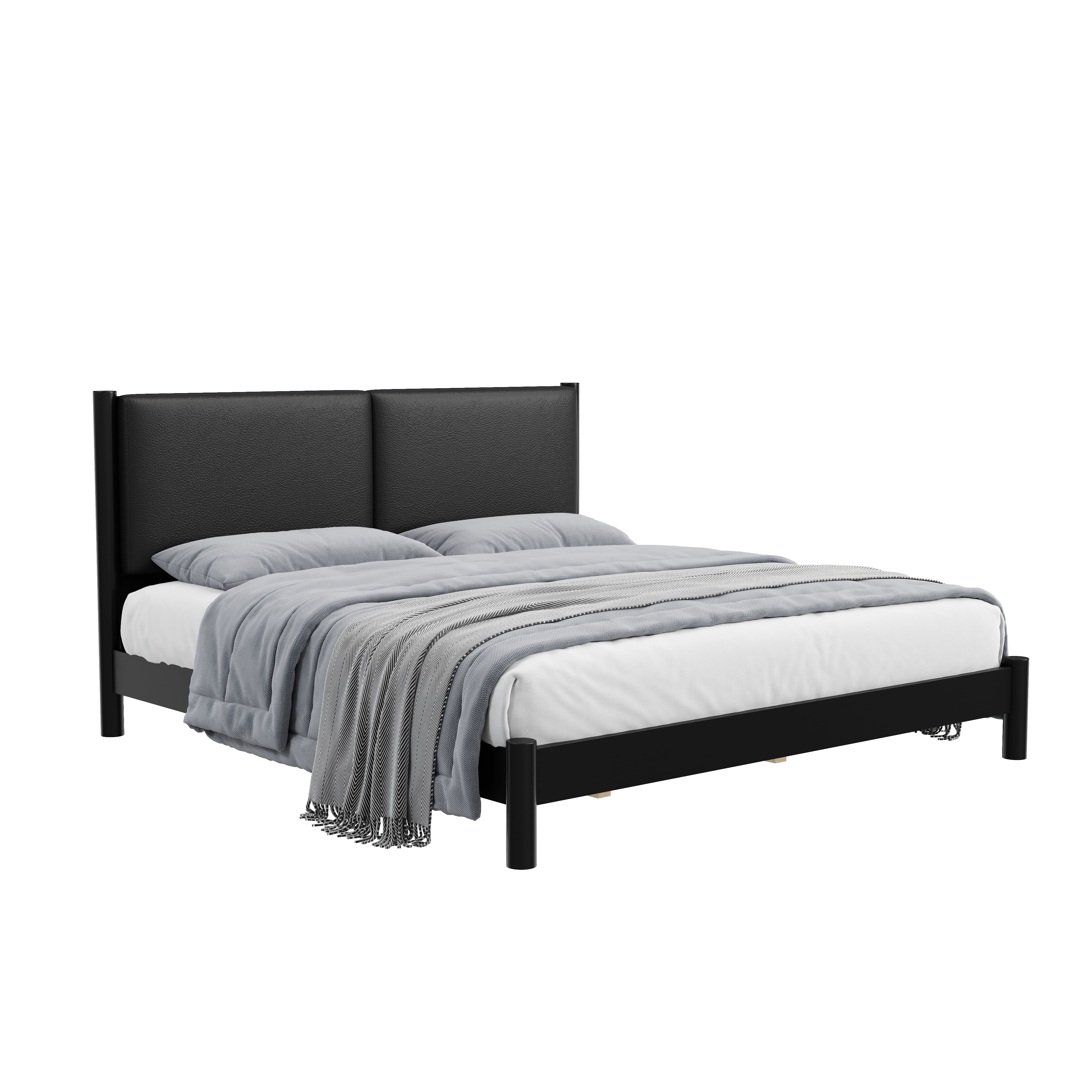 Euroco Wood King Size Platform Bed with PU Leather Headboard, No Box Spring Needed, Black