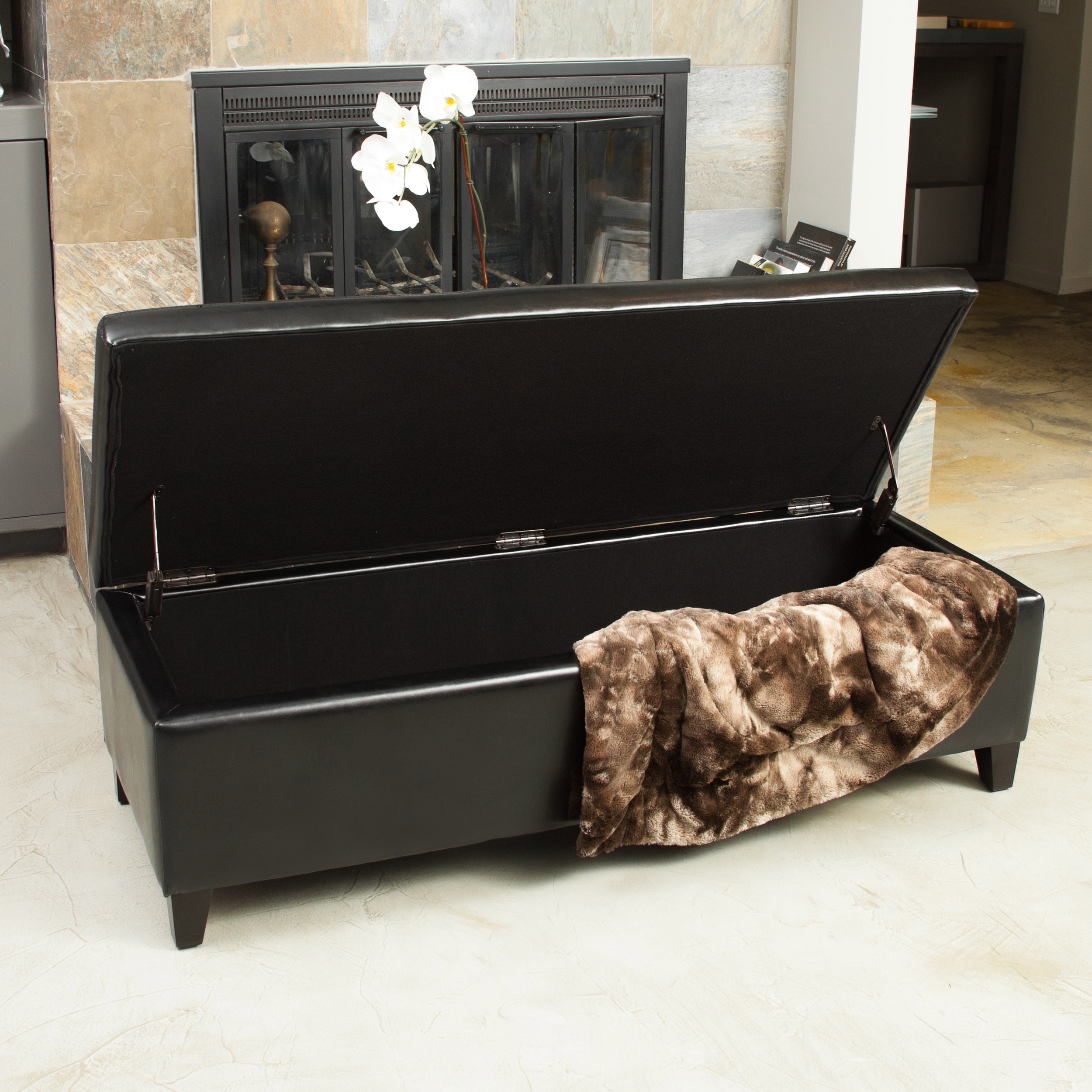 Noble House Farmer Bonded Leather Storage Ottoman Bench, Black