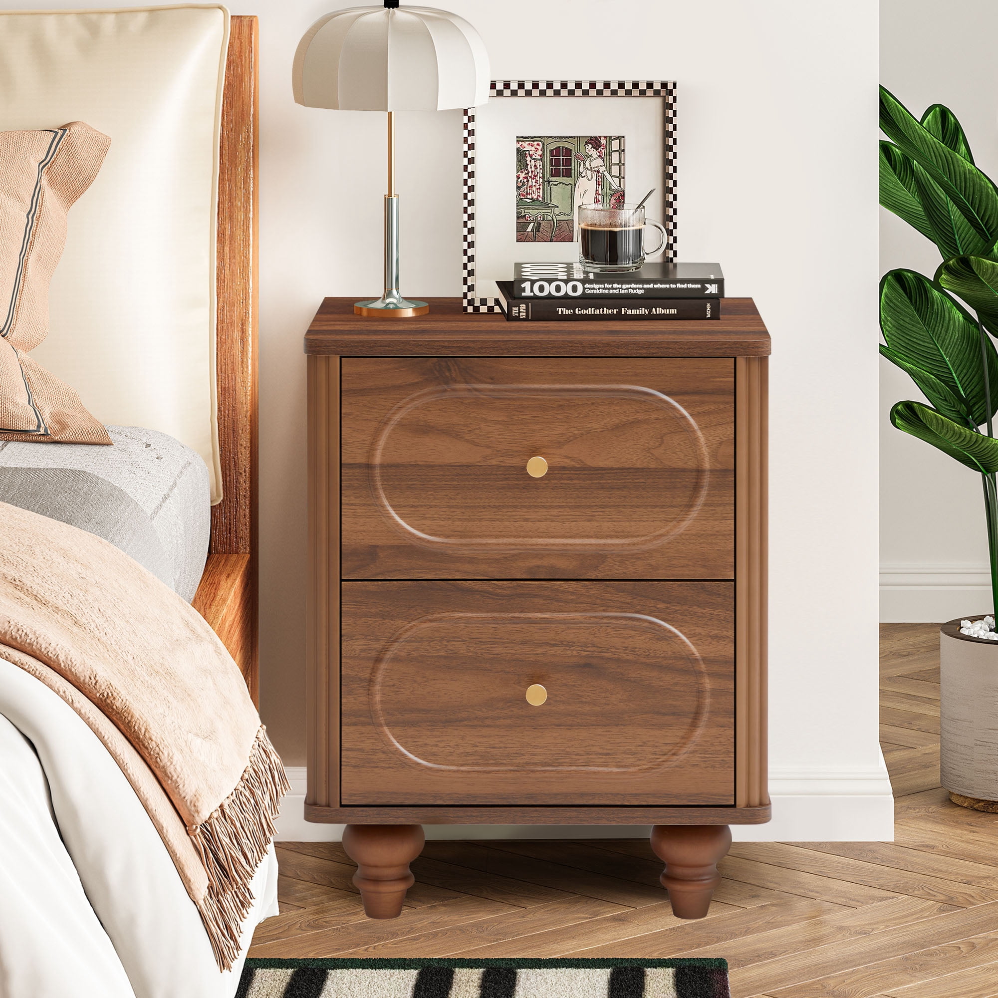 Wirrytor 2-Drawer Fluted Nightstand Set of 2, Mid-Century  Bedside Table , Night Stands for Bedroom, Sofa Side End Table with Drawers for Small Spaces (Walnut)