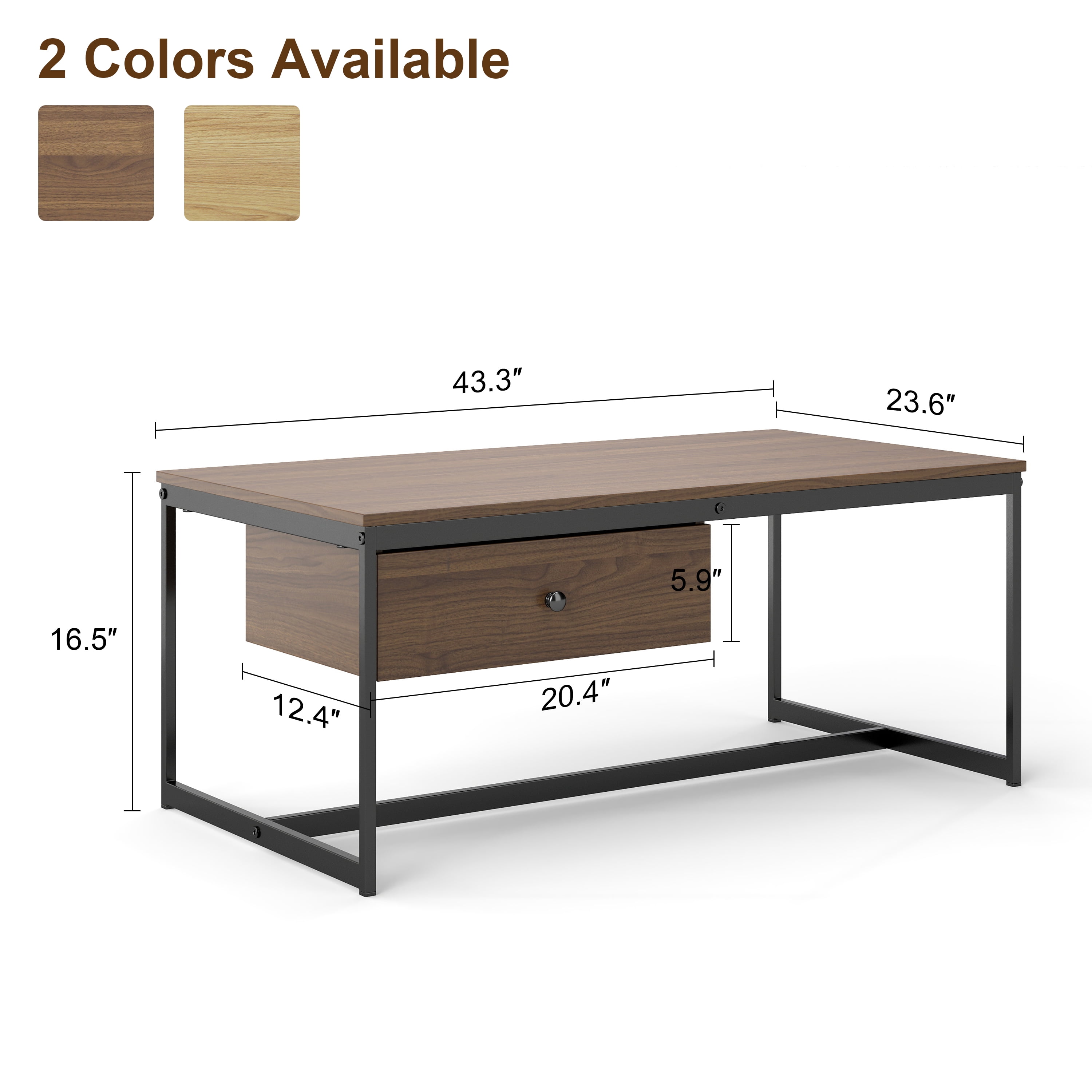 Manxile Industrial Rectangle Wood Coffee Table Metal Cocktail Table with Drawer, Walnut