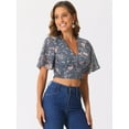 thumbnail image 2 of DARING DIVA Women's Floral Flare V Neck Smocked Crop Tops S Grey Blue, 2 of 6