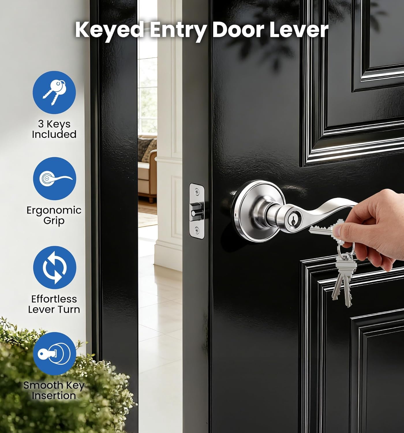 2 Pack Keyed Entry Door Lever, Same Key Wave Handle Lock for Exterior & Interior Door, Door Knobs with Lock and Key, Rust-Proof Bedroom Door Lock, Zinc Alloy Right Left Handed, Satin Nickel