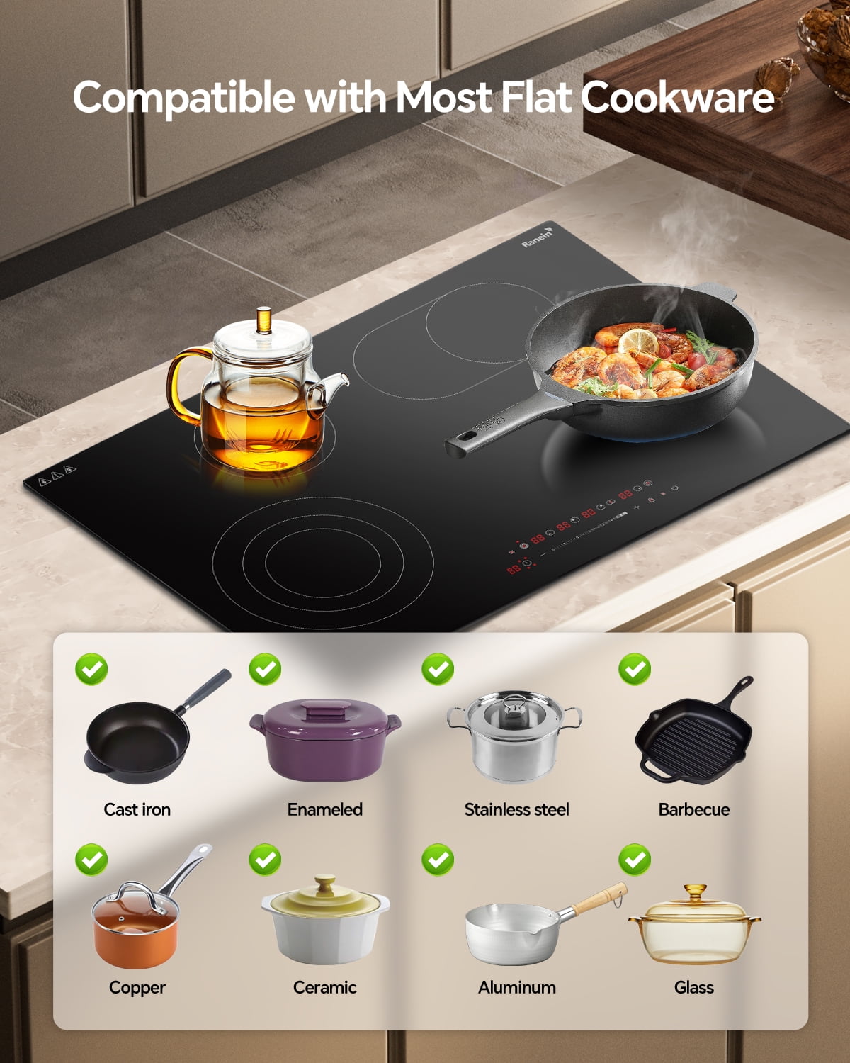 Electric Cooktop with 4 Burners, 30 inch 7900W 240V Ceramic Panel Electric Cooktop, Multiple Safety Protections Stove, Touch Screen