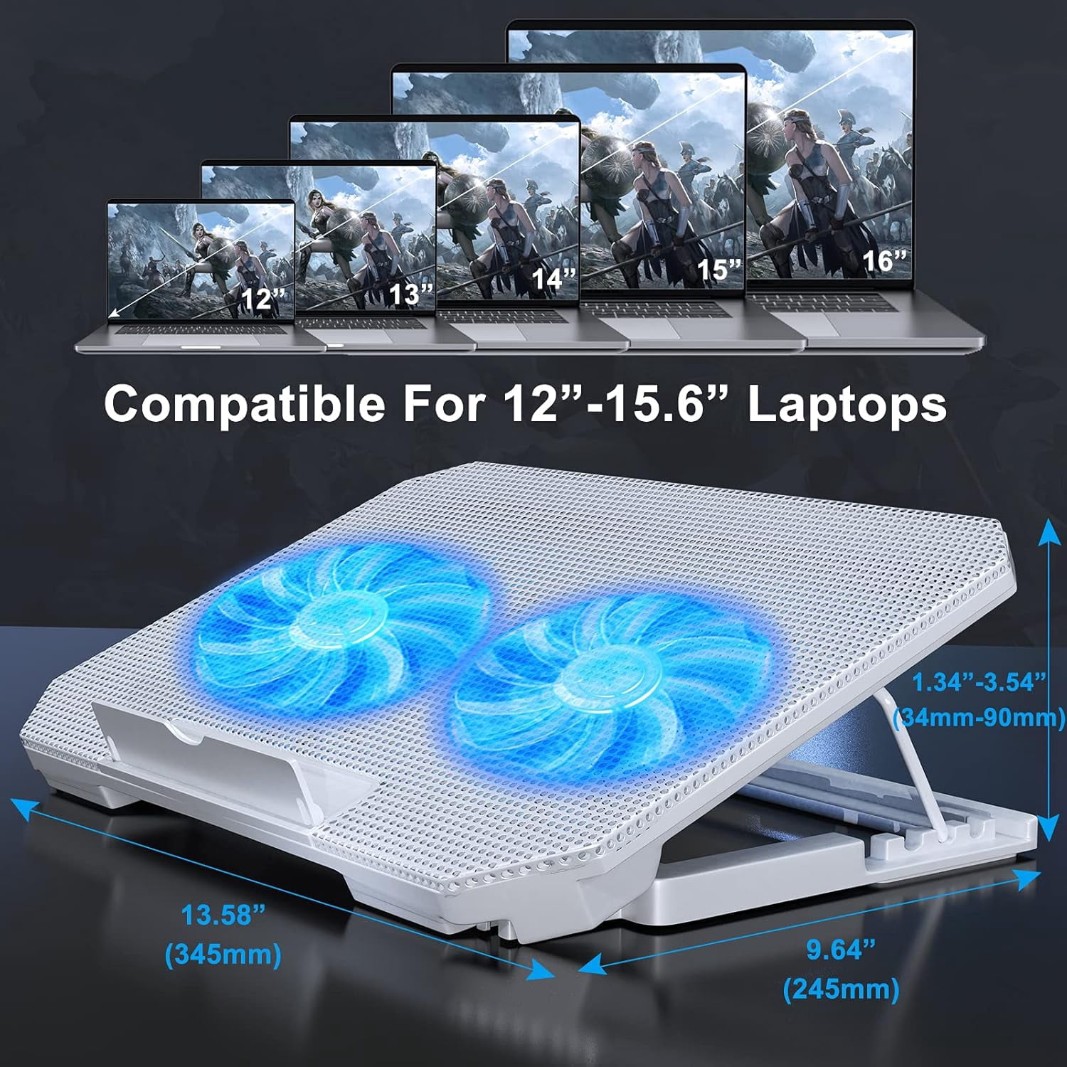 Laptop Cooling Pad with Adjustable Height Two 5.1 Inches Fan 2 USB Ports Suitable for 12"-15.6" Laptops