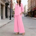 thumbnail image 4 of Cagogo Women Plus Size 3/4 Sleeve V Neck Two Piece Set Casual Wide Leg Pants Outfits Solid Basic Loungewear Travel Airport Clothes Matching Lounge Tracksuits, Pink S, 4 of 7
