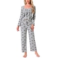 thumbnail image 1 of Conjunto de pijama de mujer de tres piezas: top de tirantes, pantalones largos y cárdigan de manga larga en gris y marrón con lazo, talla XS, 1 of 5