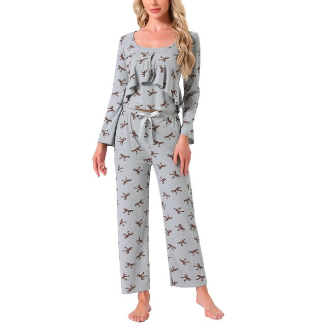 Conjunto de pijama de mujer de tres piezas: top de tirantes, pantalones largos y cárdigan de manga larga en gris y marrón con lazo, talla XS