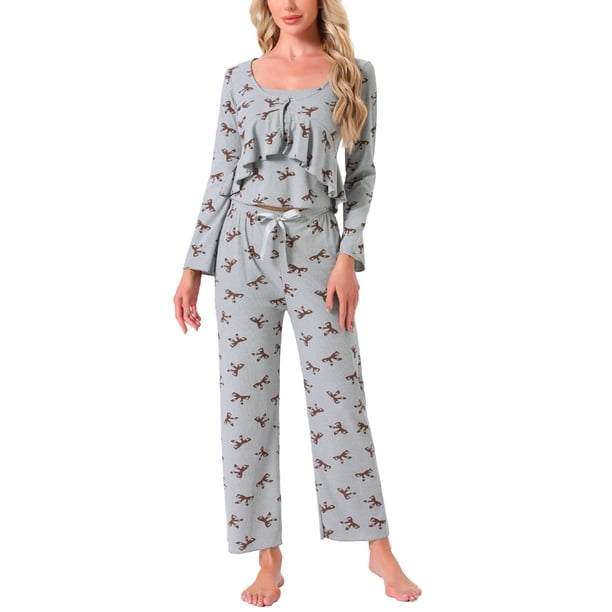 Conjunto de pijama de mujer de tres piezas: top de tirantes, pantalones largos y cárdigan de manga larga en gris y marrón con lazo, talla XS