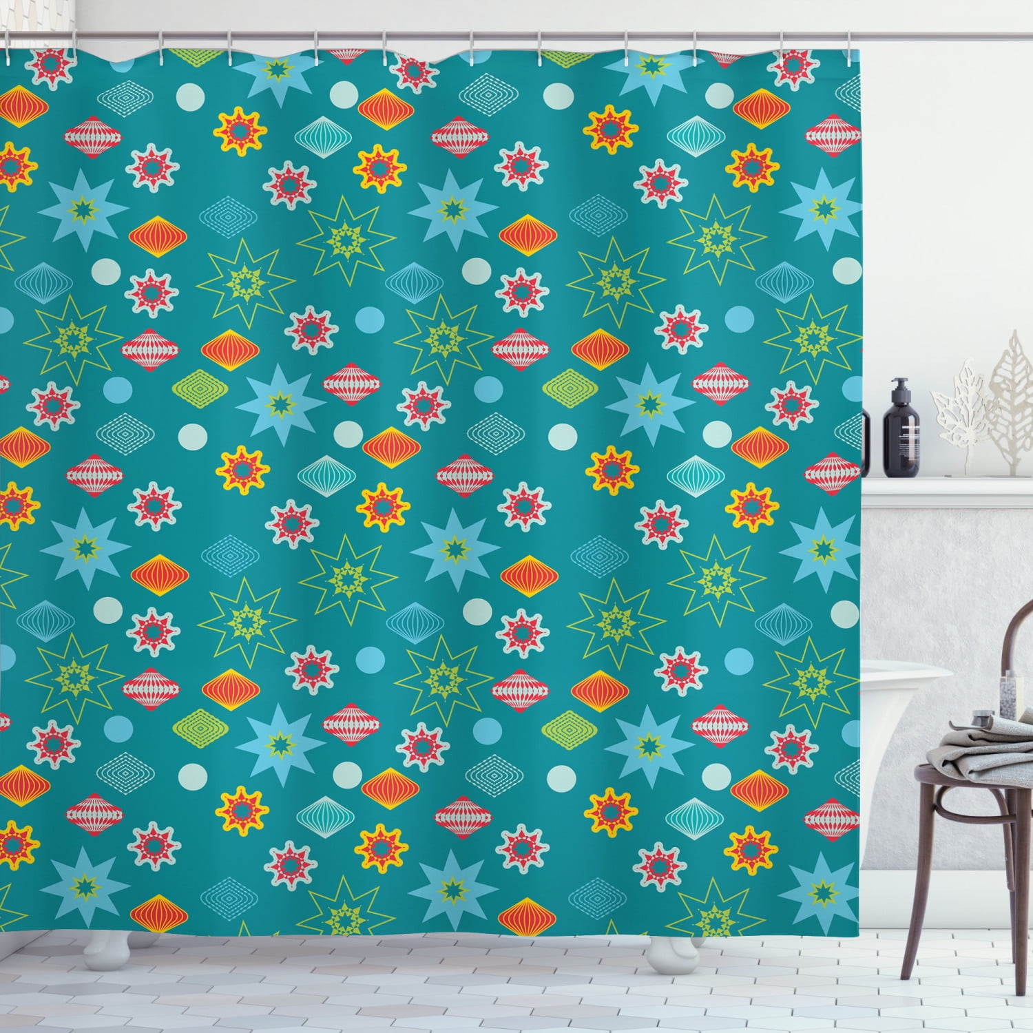 Christmas Shower Curtain, Colorful Ornamental Elements and Oriental