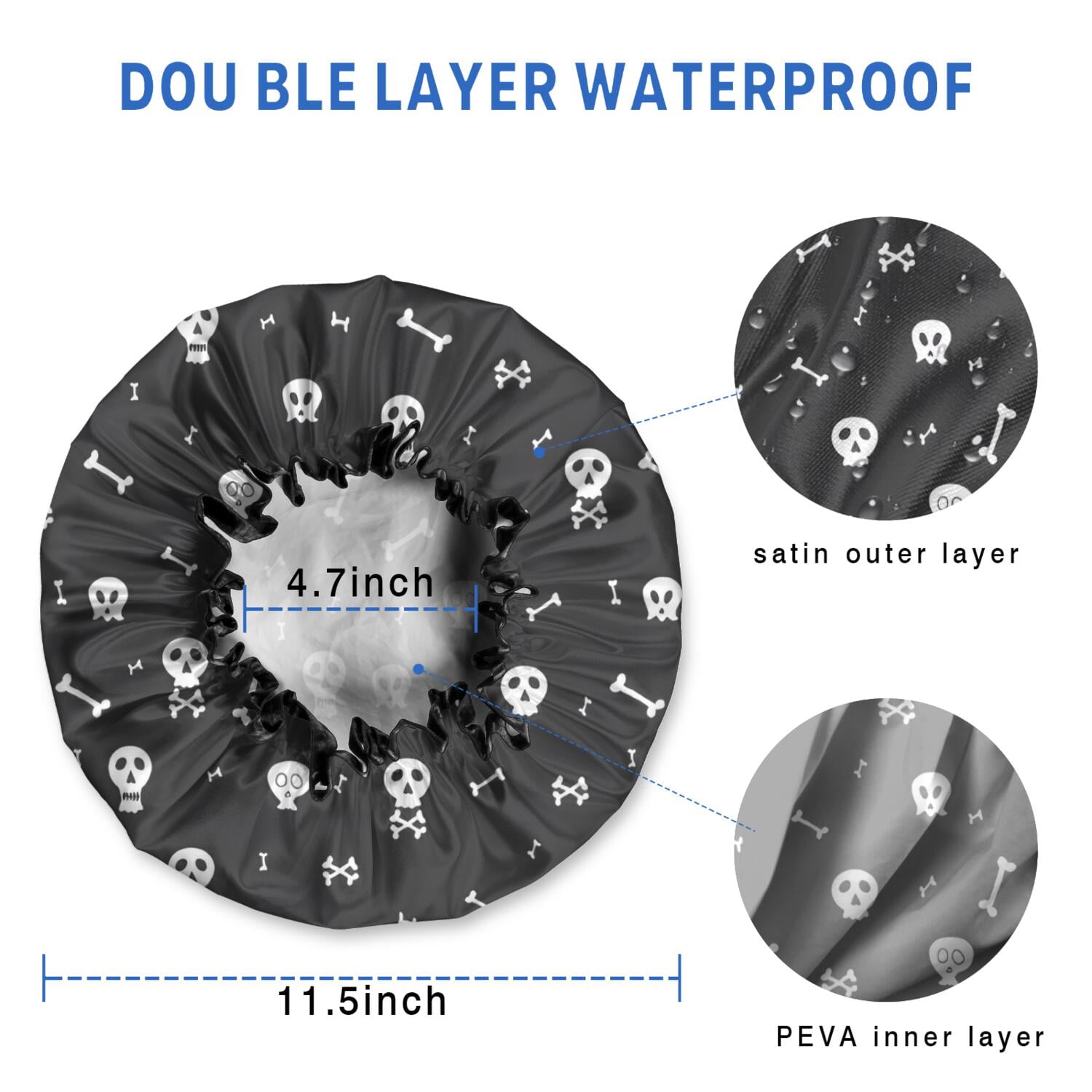 Shower Caps,Halloween Skull and Bone Pattern Waterproof Shower Cap for Women 4 Pieces,Double Reusable Hair Cover for Shower PEVA Elastic Stretch Hem