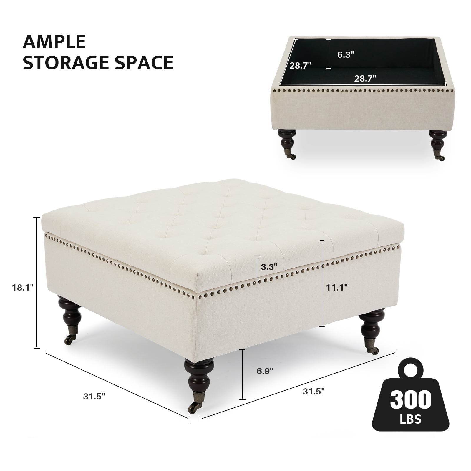 BRILHAMEZ Storage Ottoman Bench, Tufted Upholstered Seat with Hidden Storage, Multi-Functional Coffee Table and Foot Rest for Living Room, Beige