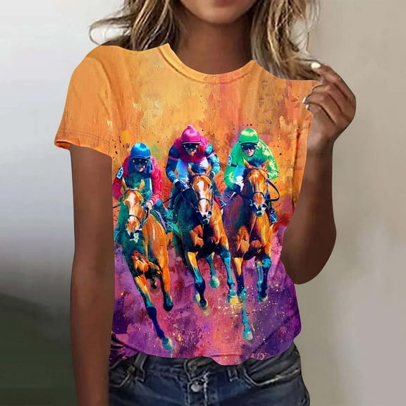 VKOYWKM Womens Horse Racing T Shirts Funny Horse Graphic Tees Short Sleeve Casual Summer Tops Crew Neck Loose Fit Plus Size T-Shirts