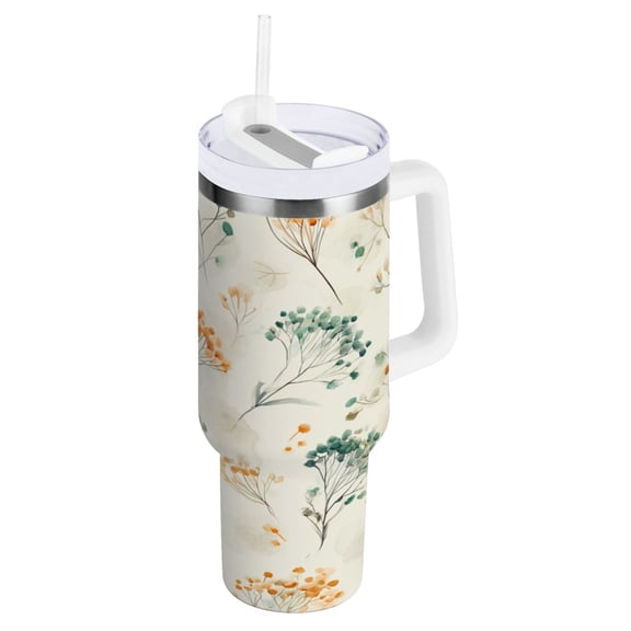 40 oz Insulated Stainless Steel Tumbler Double Wall Stainless Steel Tumbler with 2-Way Drinking Green and Orange Small Flowers