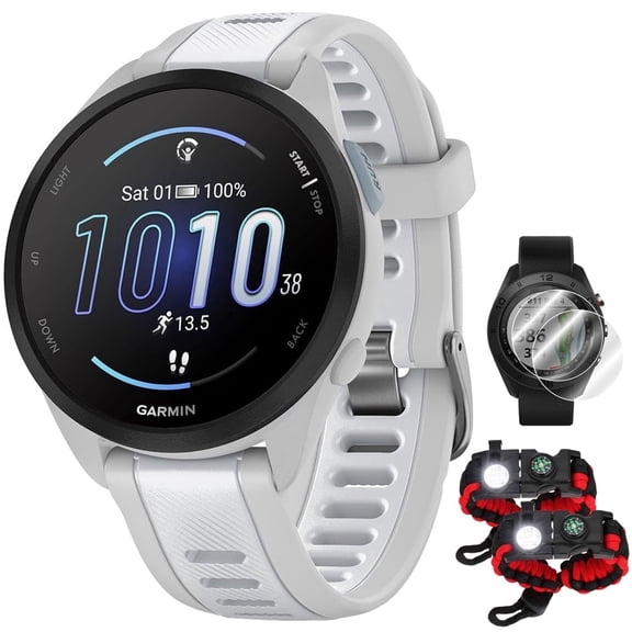 Garmin 010-02863-21 Forerunner 165 Smart Sport Watch, Mist Gray Whitestone Bundle with Deco Essentials 2X Tactical Emergency Paracord Multipurpose Bracelet and 2X Screen Protector