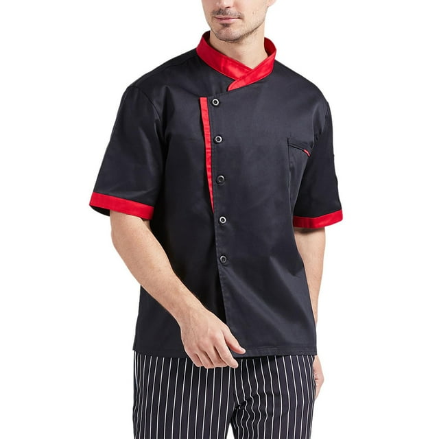Nokdvo Chef Jacket Men Lightweight Button Breathable Short Sleeve Jacket Spring Summer Baggy Fit Uniform Pockets,Black M