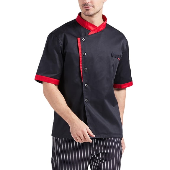 Nokdvo Chef Jacket Men Lightweight Button Breathable Short Sleeve Jacket Spring Summer Baggy Fit Uniform Pockets,Black M