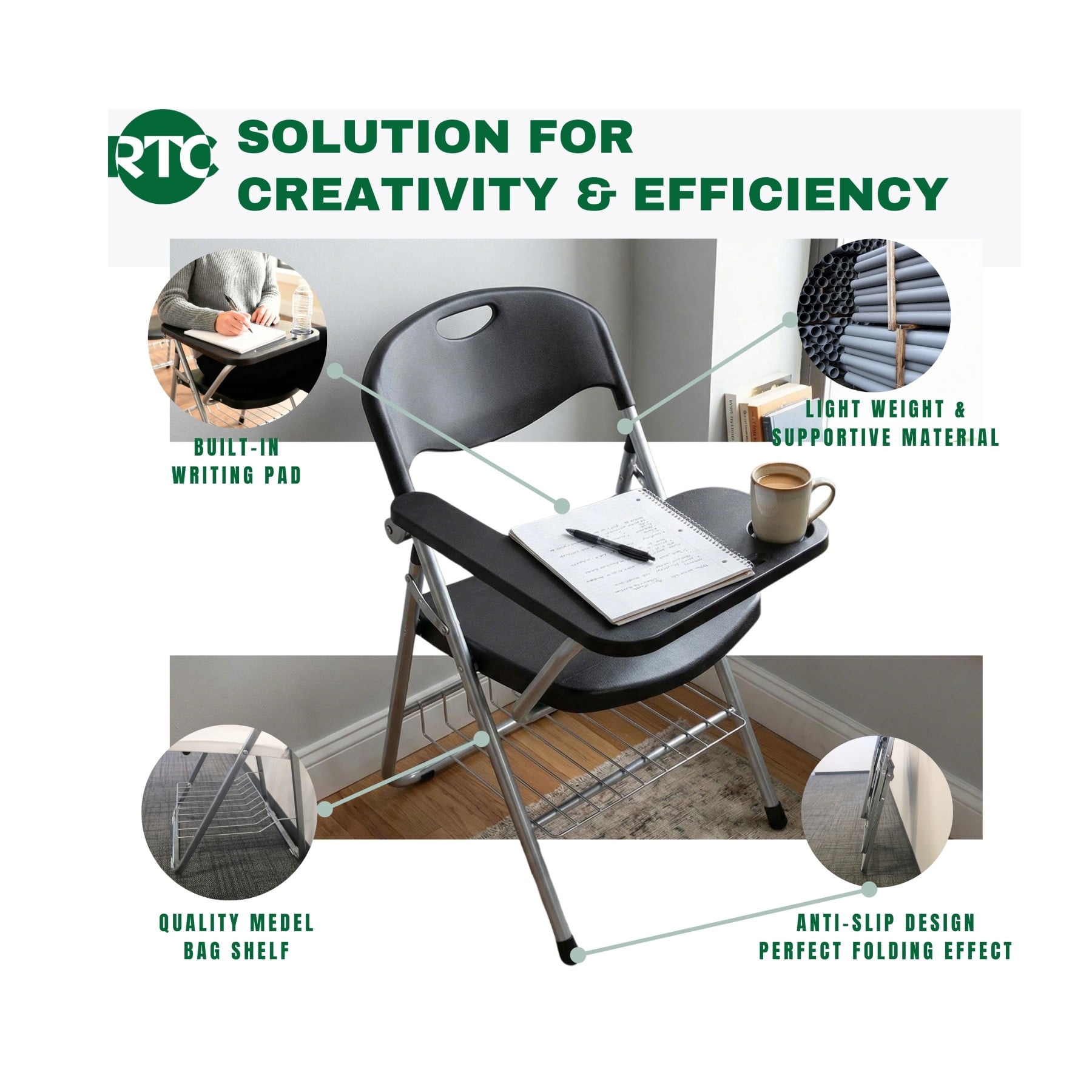 RTC Group Right Hand Pad Tablet Regular Arm Desk Folding Chair, Black, 4pk