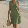 thumbnail image 2 of Crewneck Faux Linen Dresses for Women Summer Fall Short Elbow Length Sleeve Midi Knee High Plain Dresses Women Button 2025 Clothes Country Concert Y2K, 2 of 6