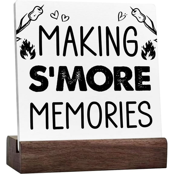 Camping Ceramic Table Sign House Decor Country S'mores Station Square Wood Sign Desk Decoration Camp Campfire Wood Block Plaque Box Sign for Shelf Home