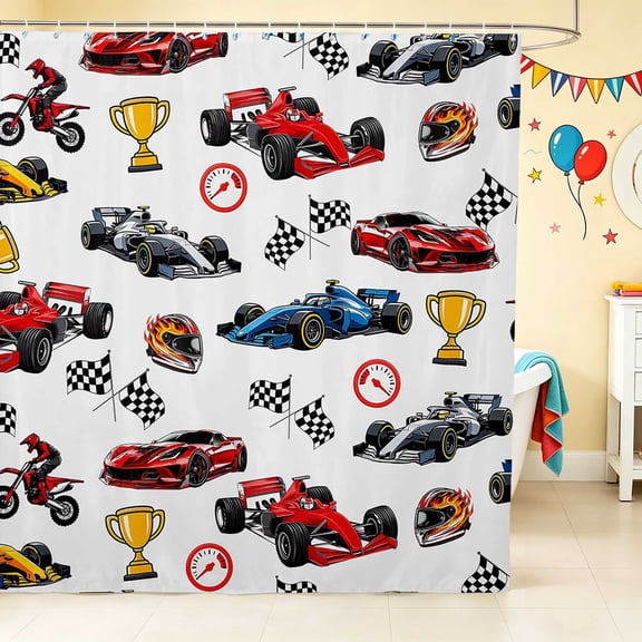 Erosebridal Race Car Shower Curtain 72Wx72L, Trophy Bathroom Curtain, Black Red
