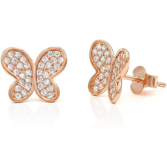 .925 Sterling Silver Rose Gold Plated Butterfly Stud Earring, Micro Pave, CZ Cubic Zirconia, Giorgio Bergamo