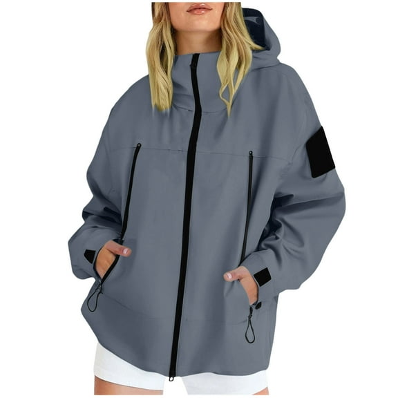 Hueook Quilted Jackets for Women Solid Color Rain Jacket Outdoor Hooded Windproof Loose with Pocket Coat Gray 2X