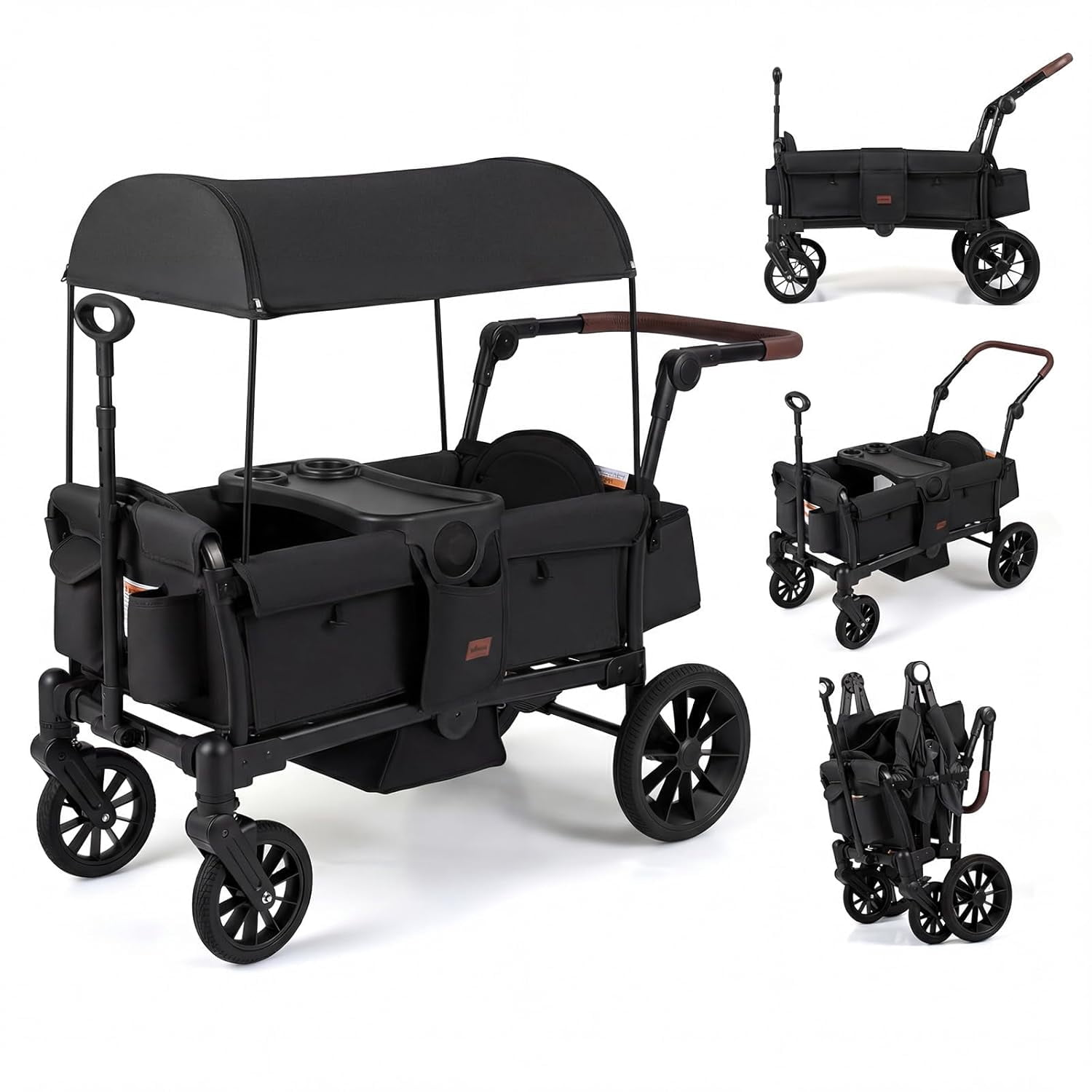 INFANS Wagon Stroller for 2 Kids, Foldable Wagon Cart with Adjustable Handle Pull Bar, Removable Canopy, Footwell, Snack Tray, Harnesses for Infants Toddlers 6-36 Months