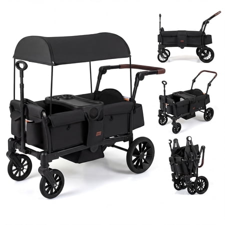 INFANS Wagon Stroller for 2 Kids, Foldable Wagon Cart with Adjustable Handle Pull Bar, Removable Canopy, Footwell, Snack Tray, Harnesses for Infants Toddlers 6-36 Months