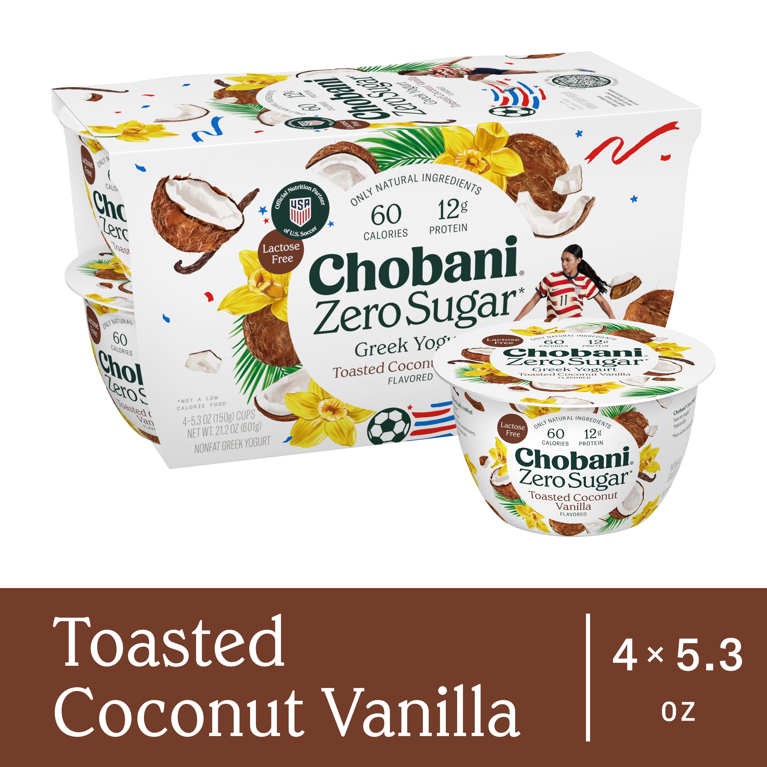 Chobani Zero Sugar Non-Fat Greek Yogurt Toasted Coconut Vanilla 5.3 oz Cup, 4 Pack