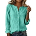 thumbnail image 3 of YanHoo Womens Cotton Linen Button Down Shirts Loose Fit Long Sleeve Collared Blouse Oversized Casual V Neck Gauze Tops Mint Green,XXL, 3 of 8