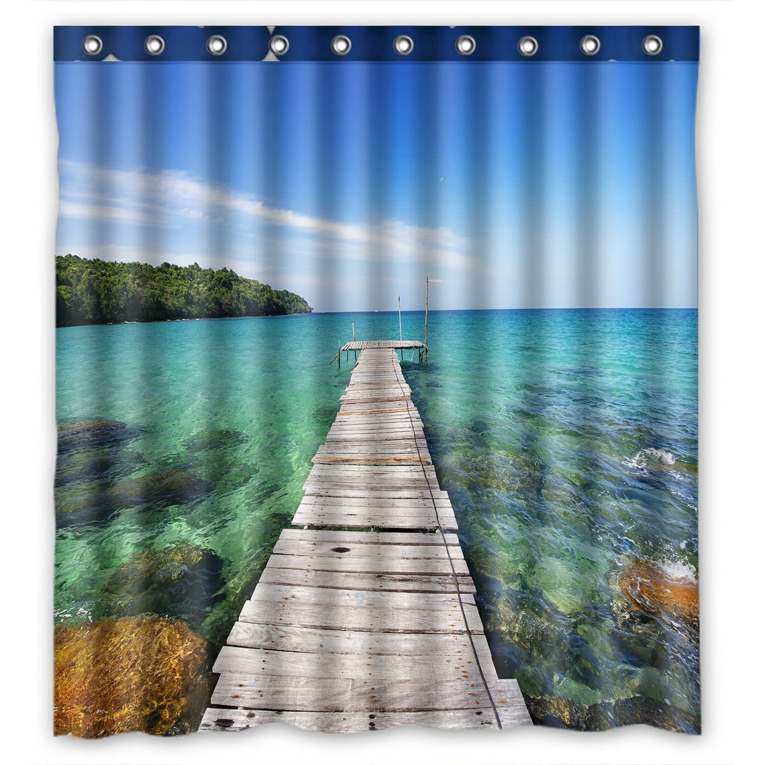 PHFZK Tropical Seascape Shower Curtain, Nautical Ocean Wooden Dock
