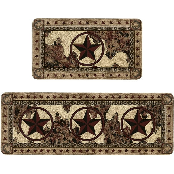Farmhouse Rustic Kitchen Mats Set of 2 Non Slip Western Texas Star Kitchen Rugs Home Decor Low-Profile Washable Floor Mat 17x47 Inch and 17x29 Inch