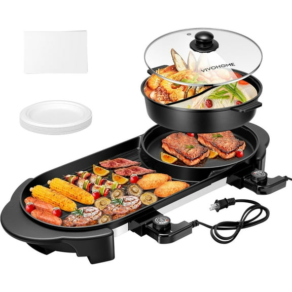 SPECSTAR 2 in 1 Electric Hot Pot and Grill , 2000W Hot Pot Grill with Separate Structure, Non-Stick Smokeless BBQ Pan, Separate Temperature Control with 5 Speed