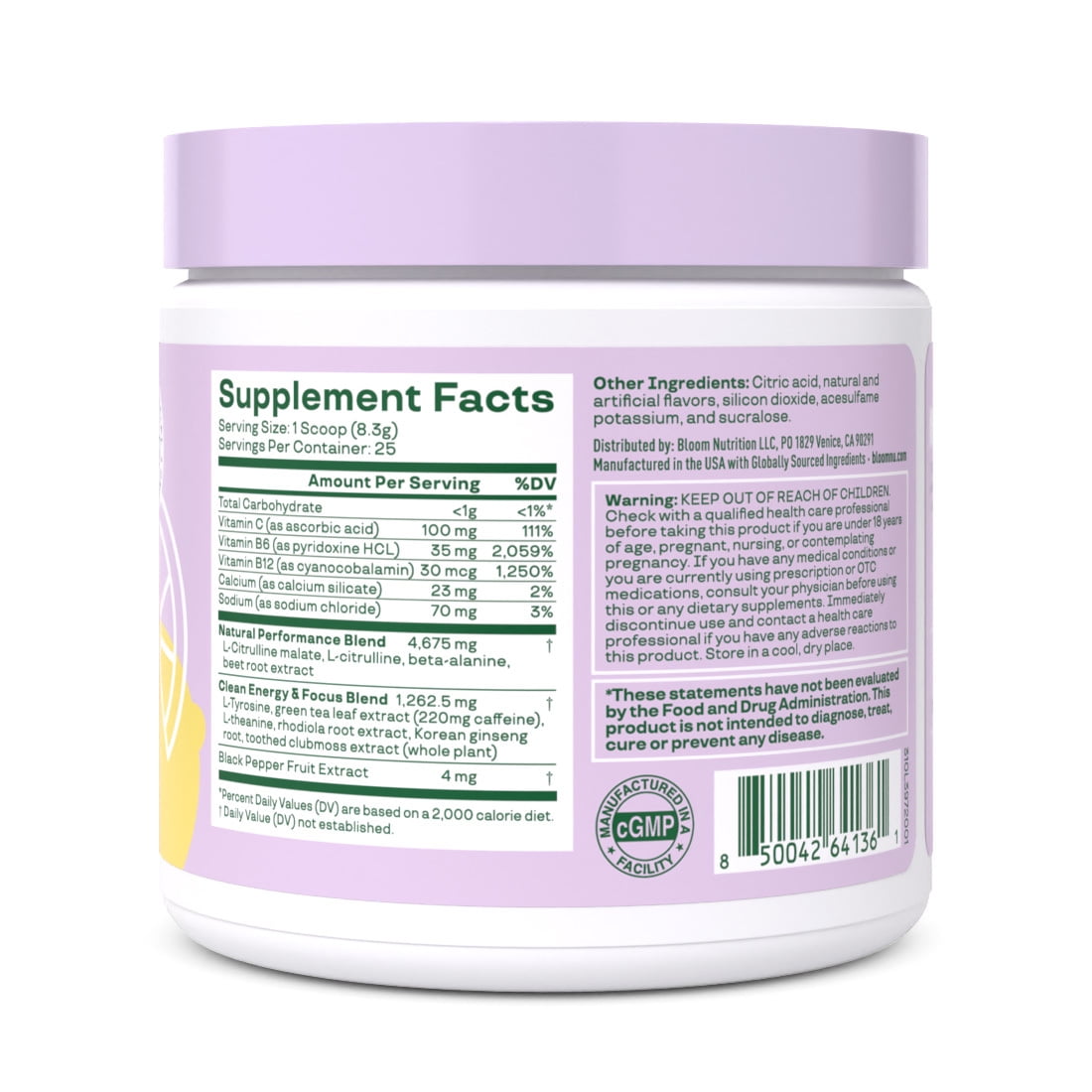 Bloom Nutrition High Energy Pre-Workout, Raspberry Lemonade Flavor, 25 Servings