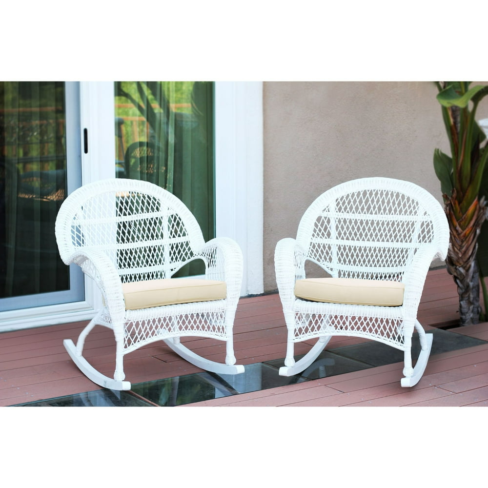 Set of 2 White Wicker Outdoor Furniture Patio Rocking Chairs - Ivory